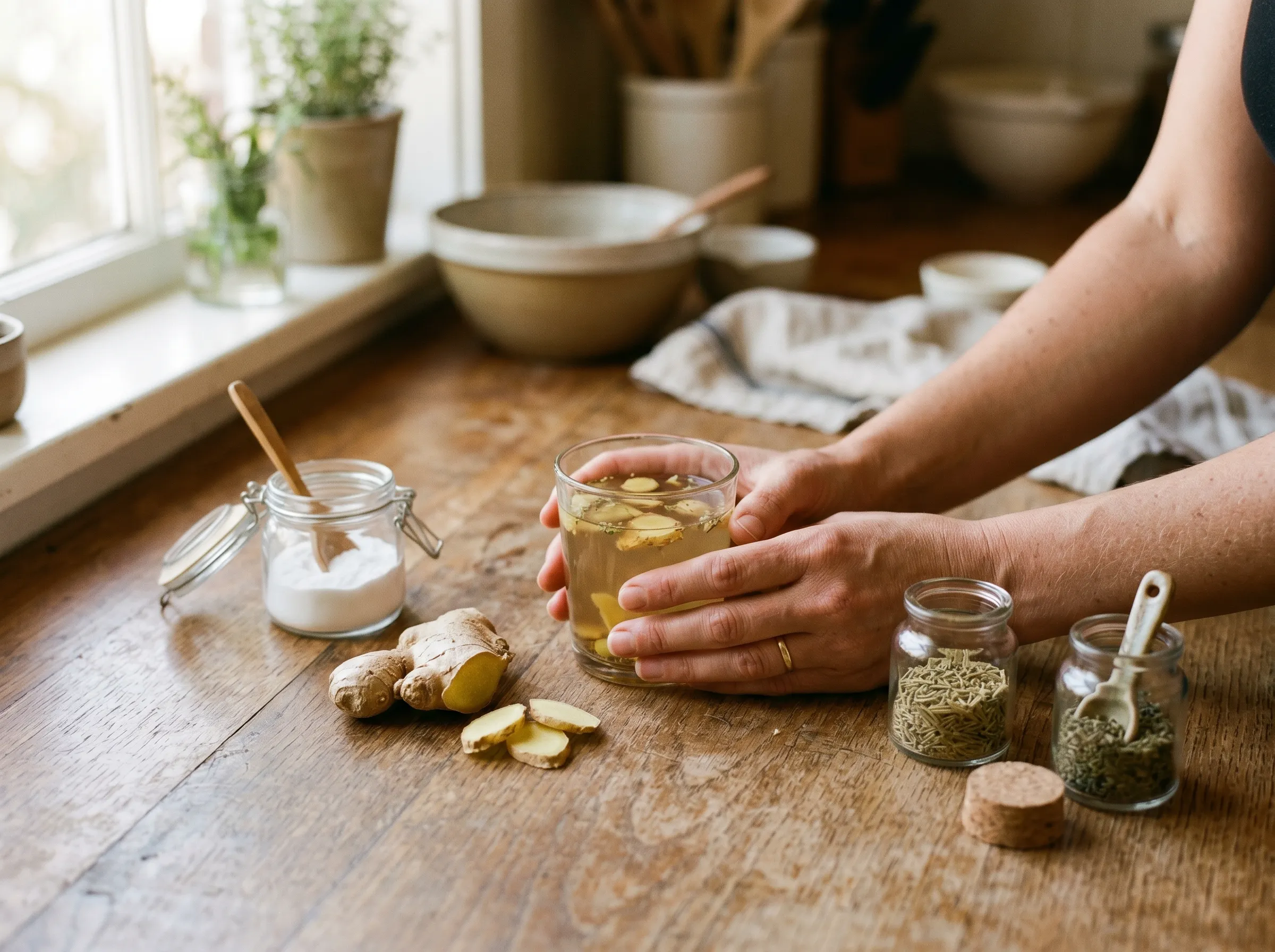 Morning kitchen counter with simple wellness ingredients